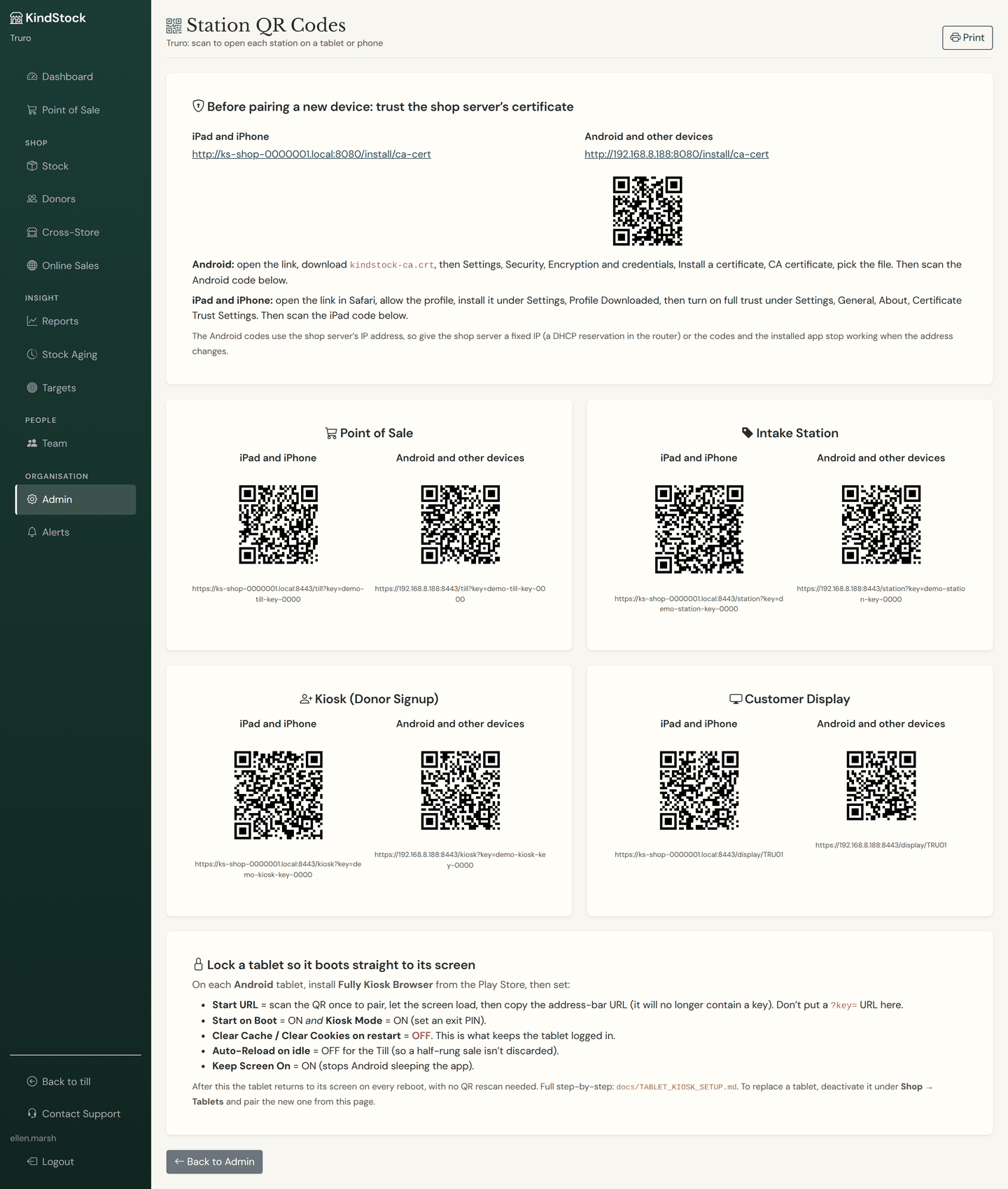 The Station QR codes page in admin: the certificate step with one link for iPads and one for Android, then pairing codes for the till, intake station, donor kiosk and customer display, each with an iPad code and an Android code, and instructions for locking a tablet to its screen.
