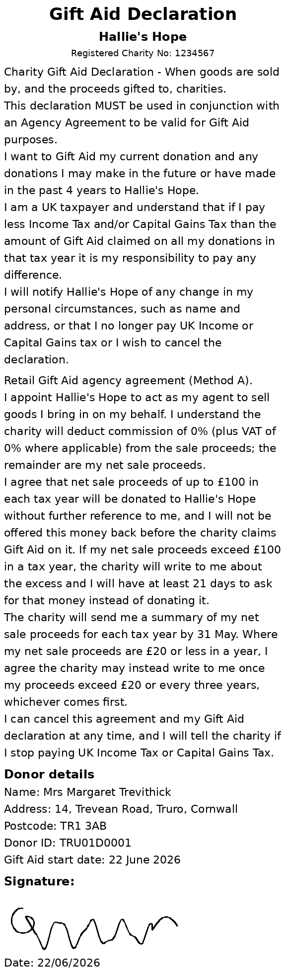 A printed Gift Aid declaration: the charity's registered declaration wording, the Method A agency agreement, the donor's name, address and donor ID, and their signature with the date.
