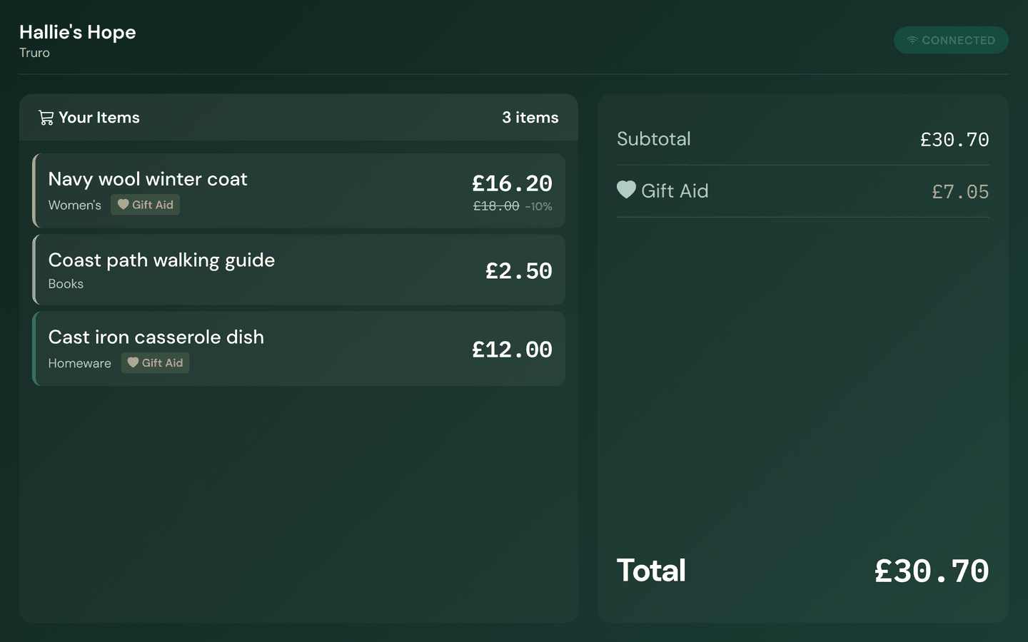 The customer-facing display mid-sale: the charity name and shop at the top with a connected badge, three items listed in the charity's colours, Gift Aid badges on two of them and a 10% reduction on the first, and a totals panel showing the subtotal, the Gift Aid and a £30.70 total.
