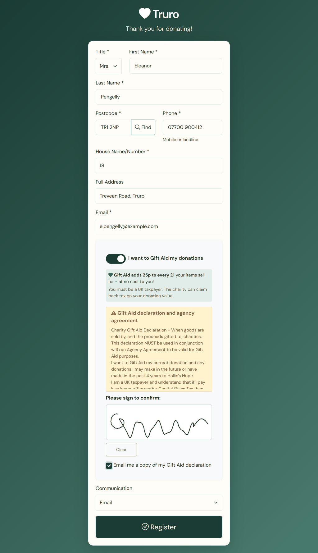 The donor sign-up kiosk on a tablet: the donor's contact details above the full Gift Aid declaration.